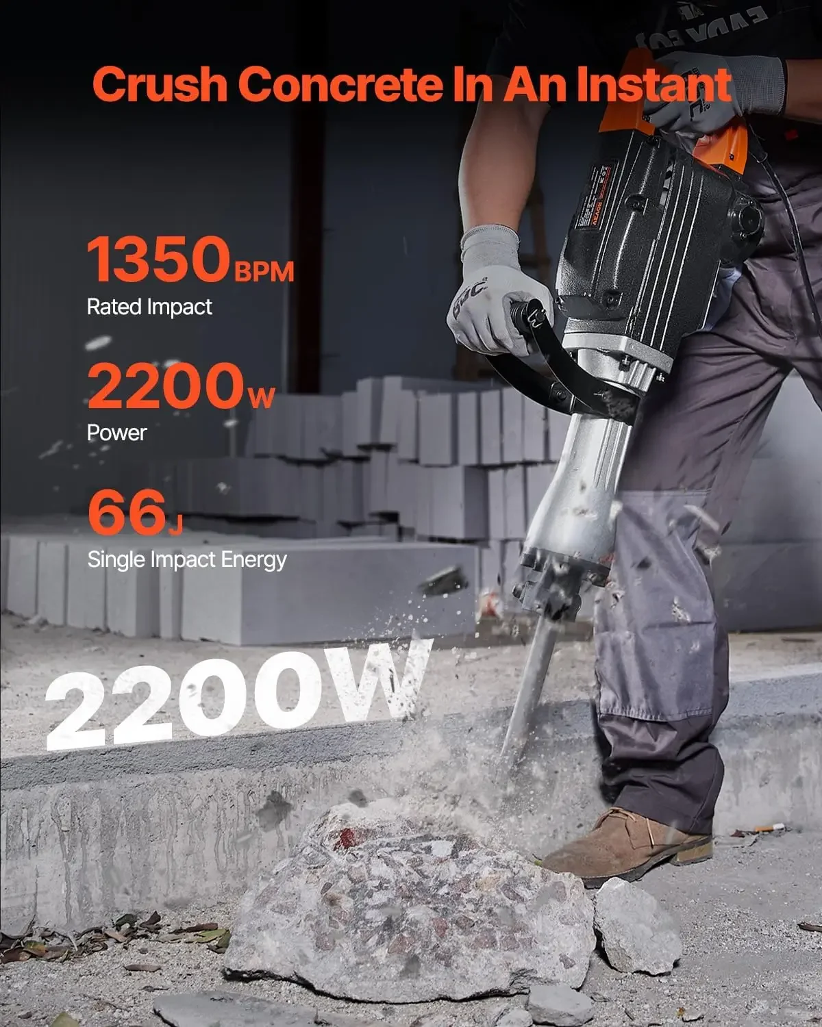 Demolition Jack Hammer, 1350 BPM Concrete Breaker 6pcs Chisels Bit Chipping with Case, 2200W Electric Jackhammer Heavy Duty, Bla