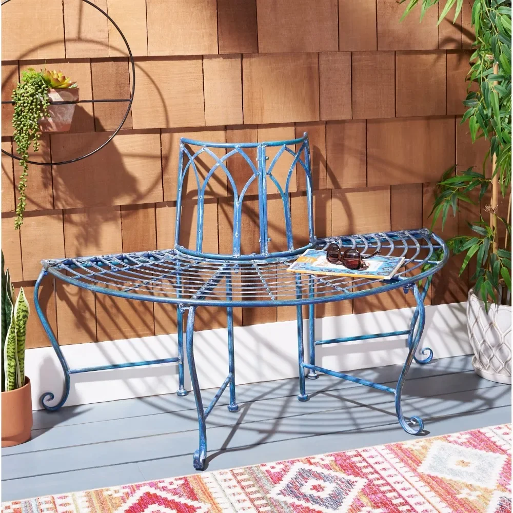

Outdoor Patio Wrought Iron Semi Tree Bench, Antique Blue