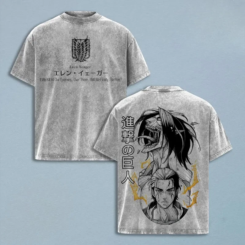 Hot Anime Attack On Titan Eren Jaeger Graphic Tee Unisex Clothing Washed Cotton Tshirt Casual T-shirt Oversized Vintage T Shirt