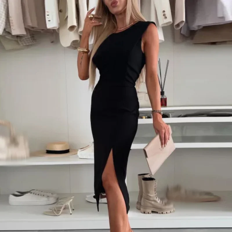 فستان مكتب أنيق للسيدات برقبة دائرية فستان مكتب نحيف موضة سادة مفتوح الشق للركاب فستان ميدي صيفي 2025 بدون أكمام للحفلات الخصر