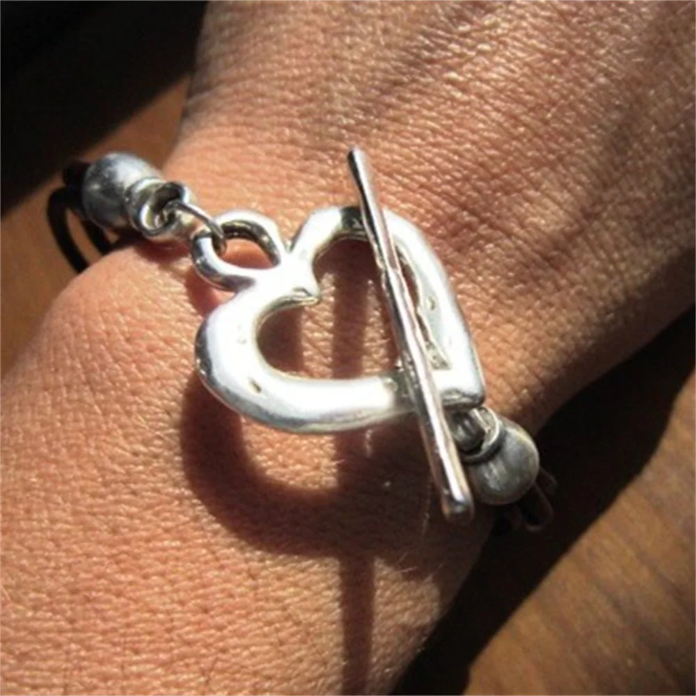 

Retro Hollow Metal Heart Love OT Clasp Multi Genuine Leather Cord Handmade Accessory Silver Beads Women Wrist Bracelet Jewelry