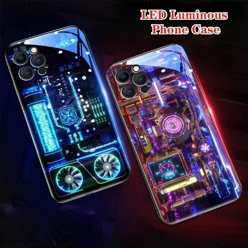 High-Tech LED Light Glowing Luminous Tempered Glass Phone Case for iPhone 16 15 11 12 13 14 X Xs Mini Pro Max Plus Smart Cover