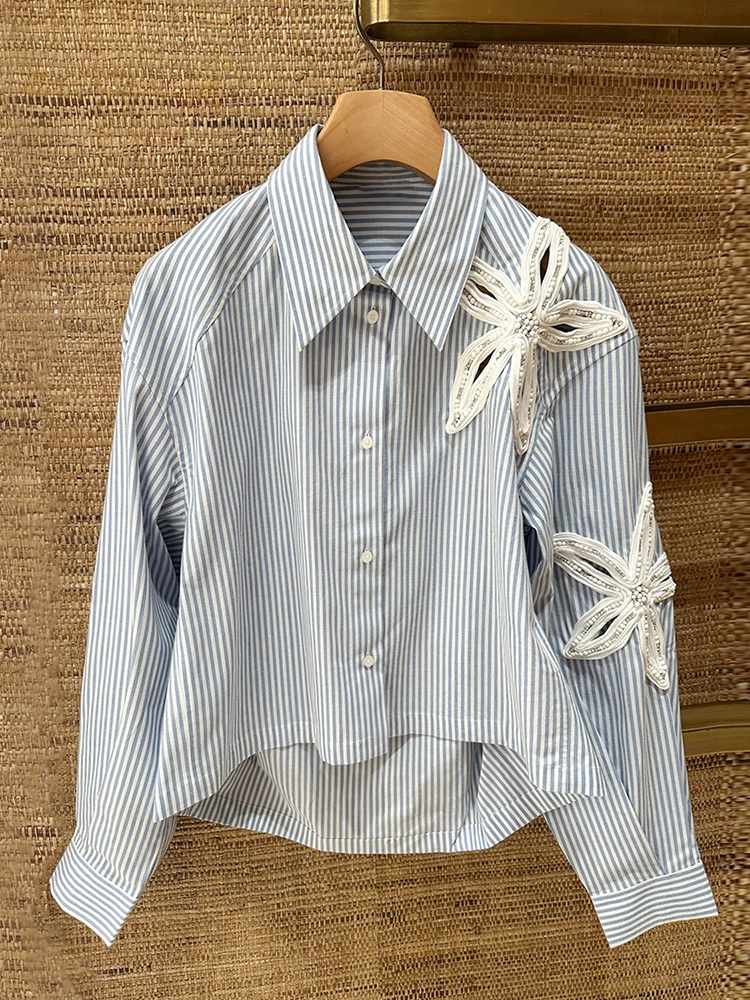 

S Home Nan You High End Women's irt Autumn Irregular Design Sense Stripe Top Button up Long Sve Straight Cut Commute Sle