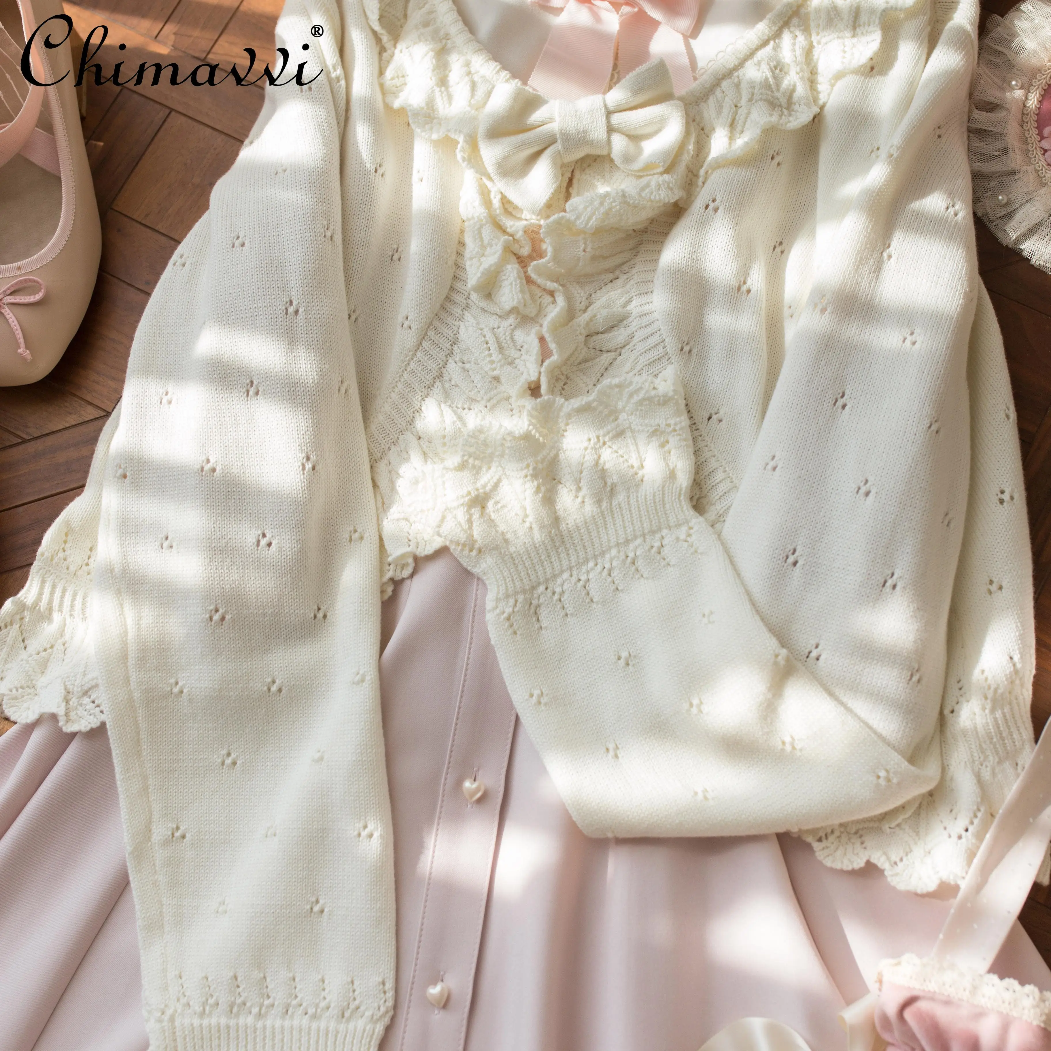 Lolita Sweet Sweater Cardigan Jacket New 2024 Autumn and Winter Cute Girl Loose Retro Long-sleeved Knitted Cardigan Y2k Coat