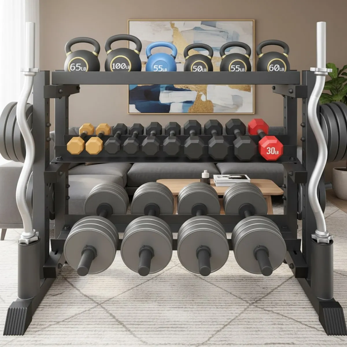 3 Tier Dumbbell Rack Heavy Duty Adjustable Home Gym Weight Storage Fits Kettlebells Plates