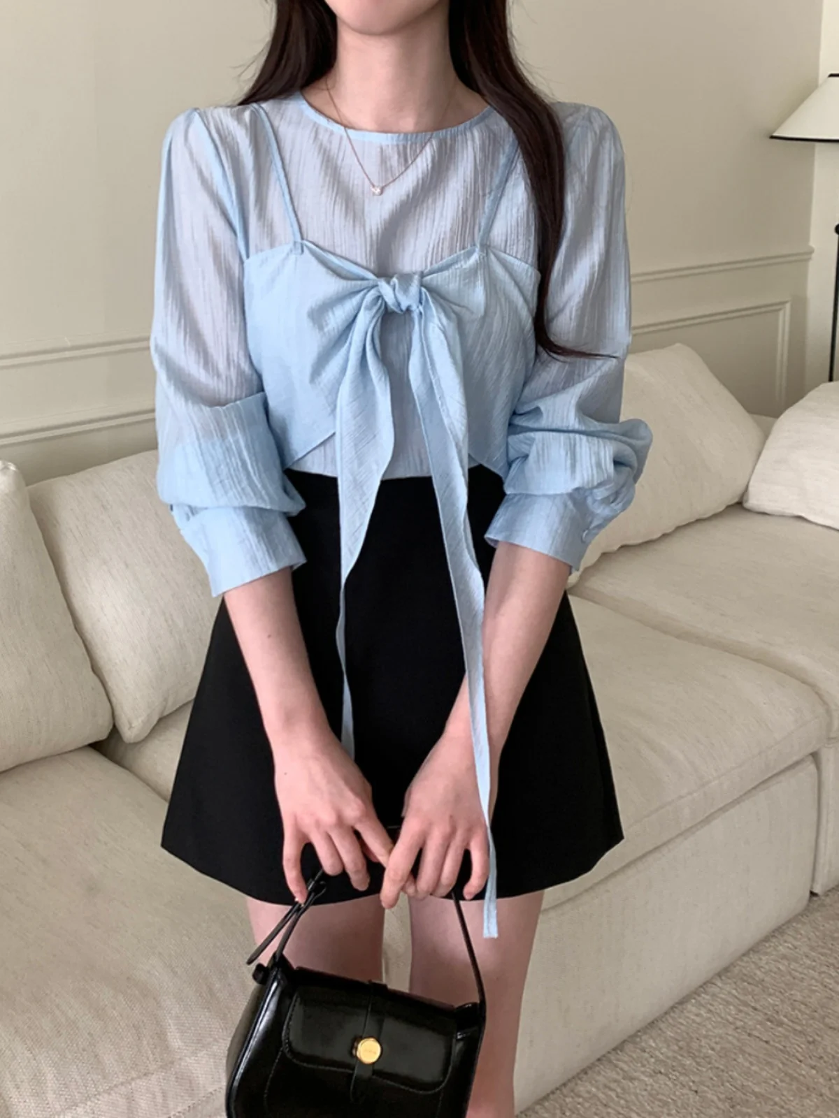 春韓国風甘い優しい蝶結び長袖シースルーシャツレディースツーピースセットカジュアル快適なゆったりフィット