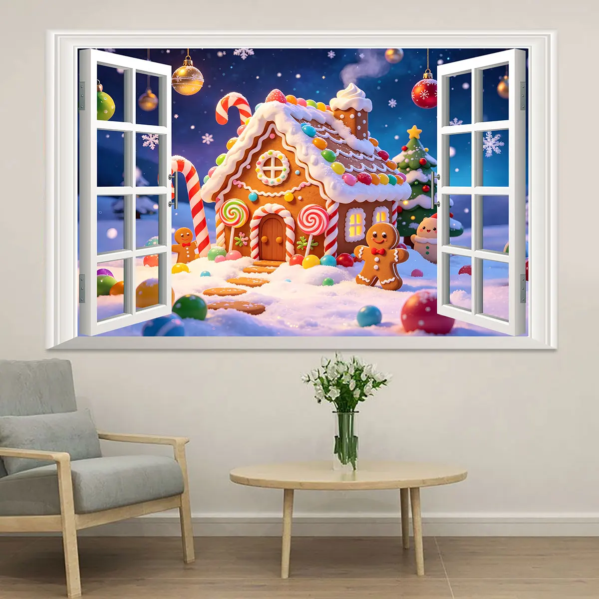 1pc simulated window wall sticker featuring a snowy outdoor scene and a Christmas decoration waterproof and concealing flaws