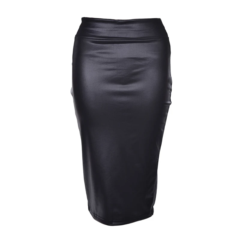 Womens PU Leather High Waist Knee Length Straight Package Hip Pencil Skirt Dress,