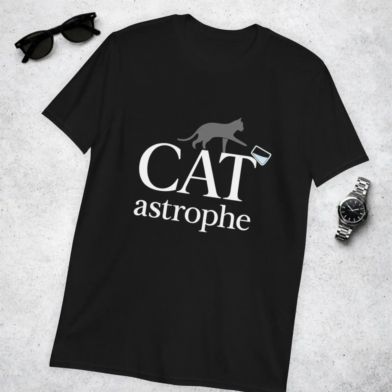 CATastrophe T Shirt Black Minimalist Cotton Funny Cat Wordplay vintage Washed Soft streetwear Stylish Top For Everyday Wear