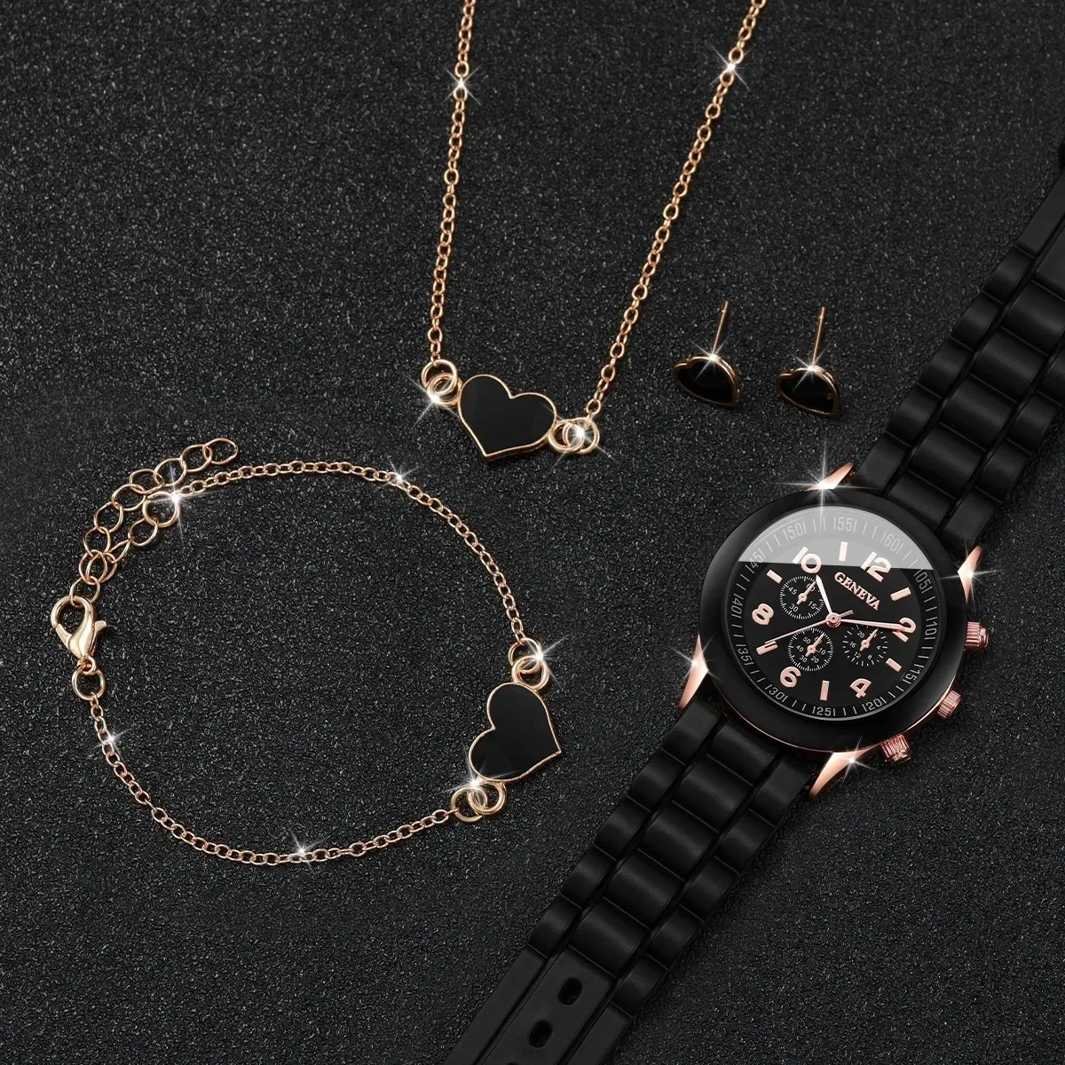 4PCS/Set Geneva Watch Fashion Silicone Band Women Watches Heart Jewelry Set ( Without Box )
