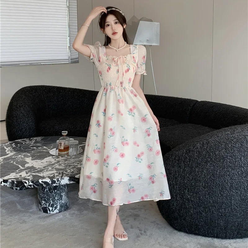 High-end French Style Square Collar Slimming Sweet Floral Dress2024 Summer High-waisted Soft Fitting Skirt