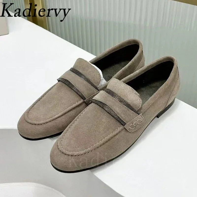 Luxury Suede Leatehr Loafers Woman Round Toe Slip-on Flat Shoes Ladies Chain String Bead Casual Summer Walking Shoes For Women