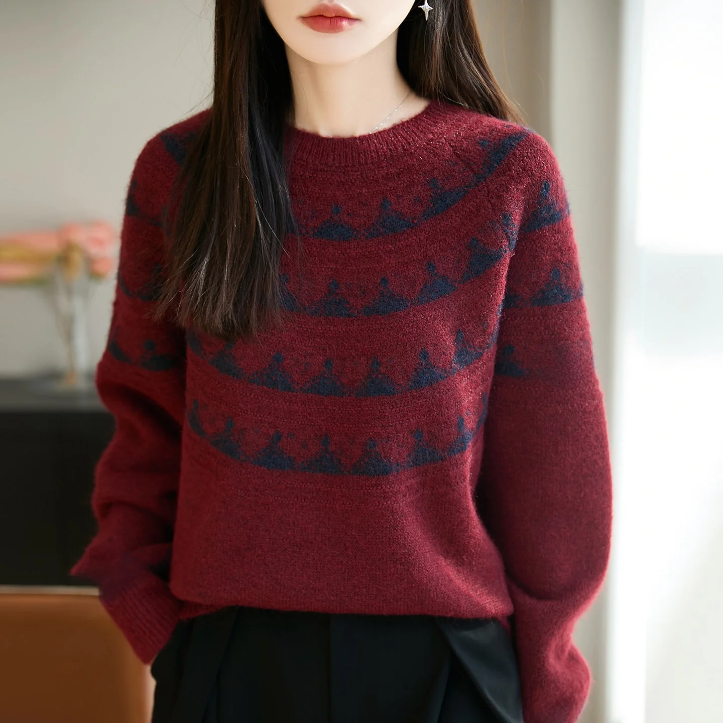 

Retro Fair Isle Sle Long Sve Thiened Loose Women's Knitted Sweater Red round Ne Warm Base irt for New Year