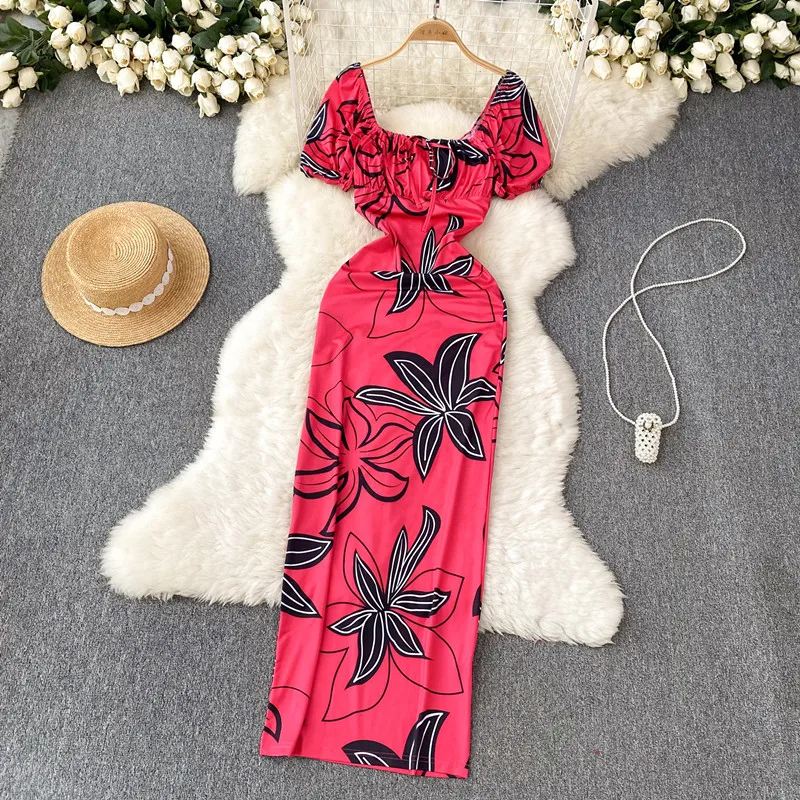 Vestido de Verão Feminino, Gola Quadrada, Mangas Puff, Estampa de Moda, Wrap Hip, Menina, Novo