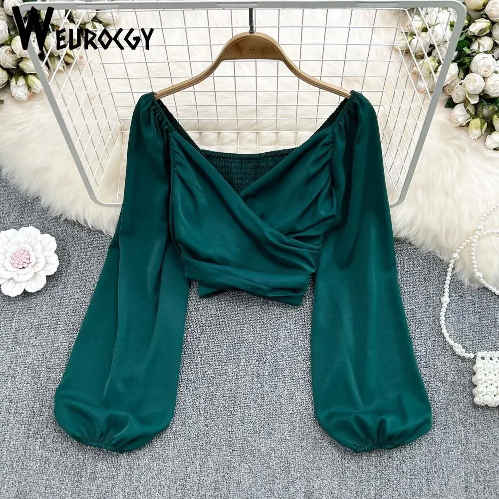 Primavera moda ocio estilo coreano cuello en V plisado clavícula burbuja manga larga Jersey camisa mujer corto ombligo Top