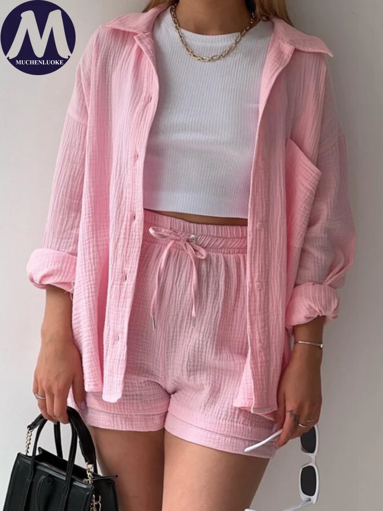 Women\'s Long Sleeve Lapel Shirt Tops and Shorts Set Loose High Waisted Drawstring Shorts, Casual Outfit Summer Fashion New 2 Pcs