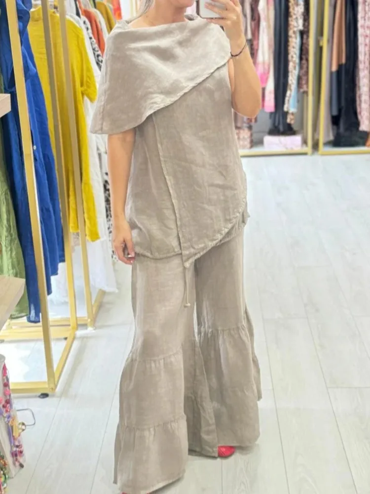 Moda feminina confortável casual solto terno primavera e outono elegante em torno do pescoço superior calças de deslocamento de perna larga conjunto de duas peças