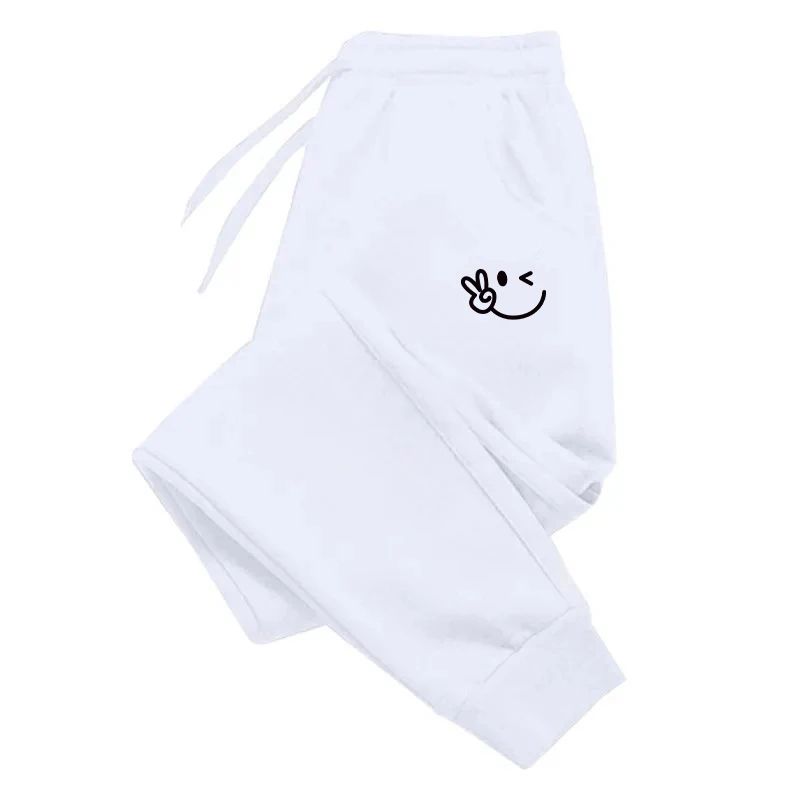 Wink Smiley Peace Hand Small Print Jogger Pants Unisex Drawstring Elastic Waist Cuffed Sweatpants Casual Daily Street Trousers