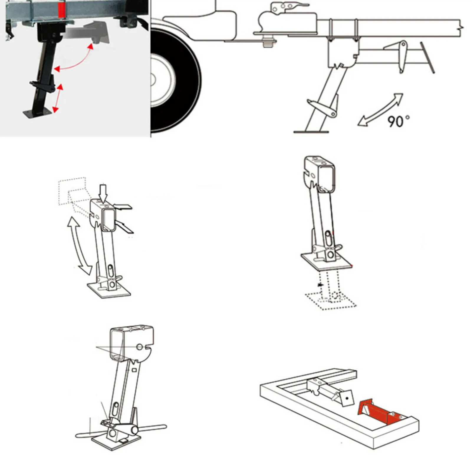 Składany stabilizator do przyczepy, udźwig 650 funtów, nośność podczas podnoszenia 1000 funtów, teleskopowe regulowane stabilizatory obrotowe, wysięgniki odchylane do dołu, 290-455 mm.