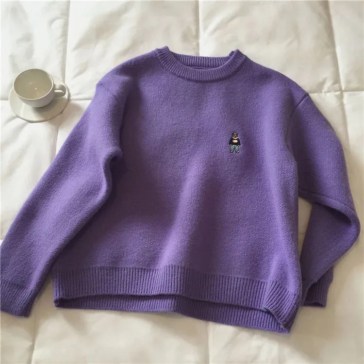 Cute Bear Knitted Sweater Women Korean Autumn Kawaii Loose Warm Basic Long Sleeve Jumper Fashion Solid Preppy All Match Tops