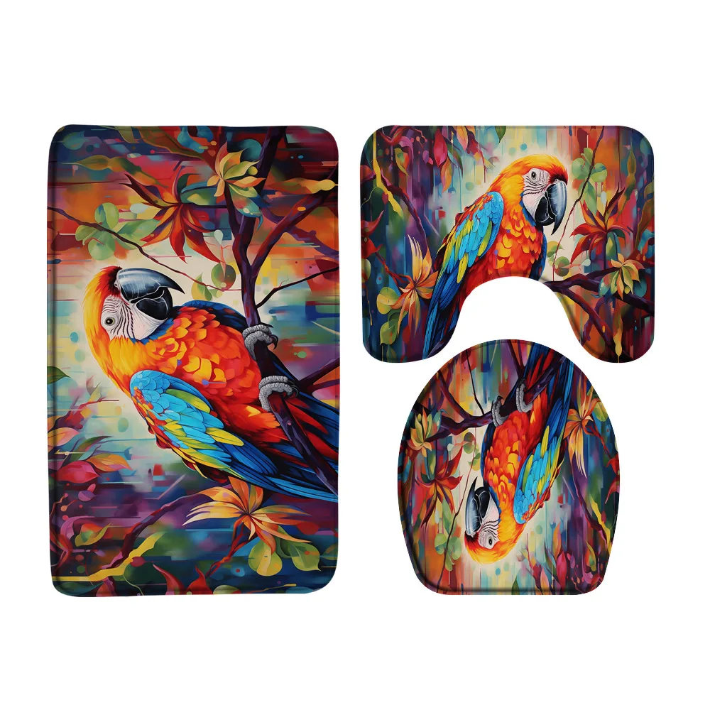 Tropical Bird Bathroom Doormat Rug Set Watercolor Parrot Tree Branches Exotic Nature Art Non Slip Bath Mat Carpet Toilet Cover