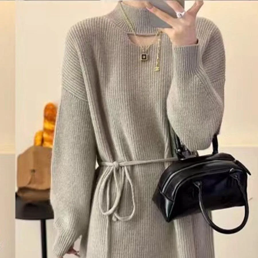 Fashionable New Korean Style Half Polo/turtle Neck Hollow Sweater Women's Medium-length Loose Fit Style Tucking Knitted Top M11