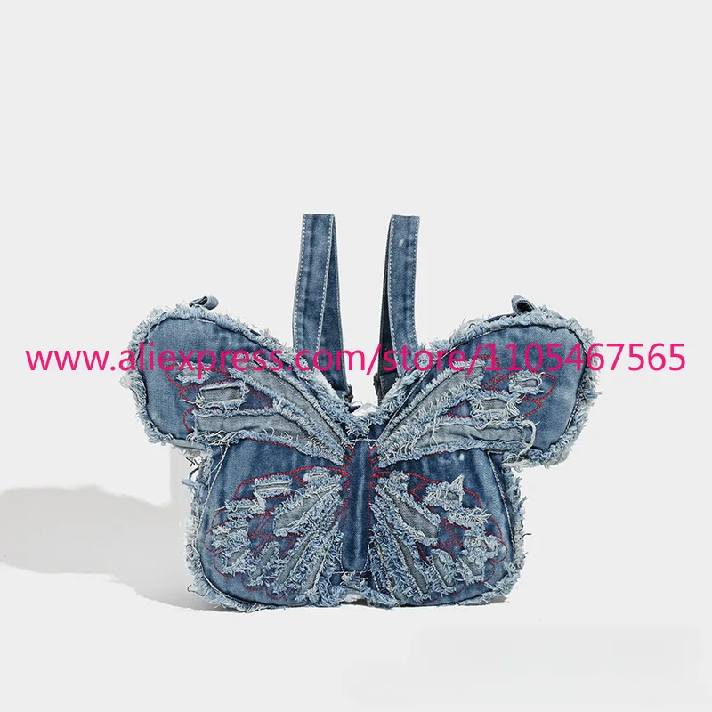 YUYI women's butterfly-shaped punk washed denim bag, polyester lining, zipper opening and closing, fashionable niche design