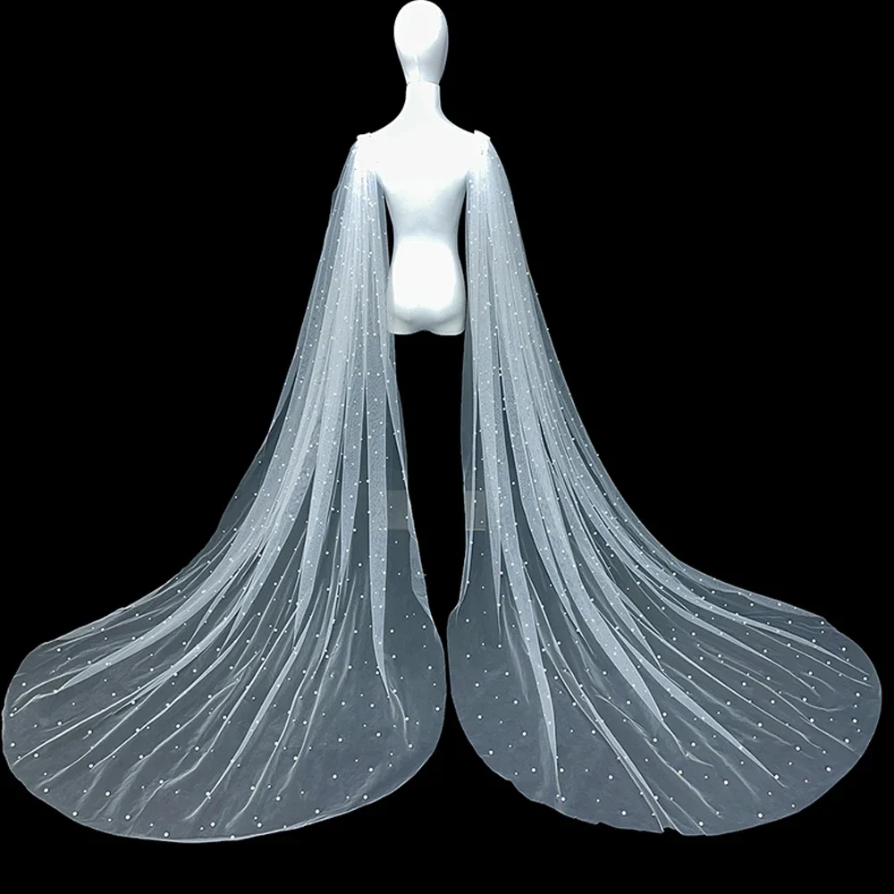 

Long Train Pearls Wedding Dress Cape Tulle Wedding Jacket Bolero Shoulder Drag Bridal Wrap Customized