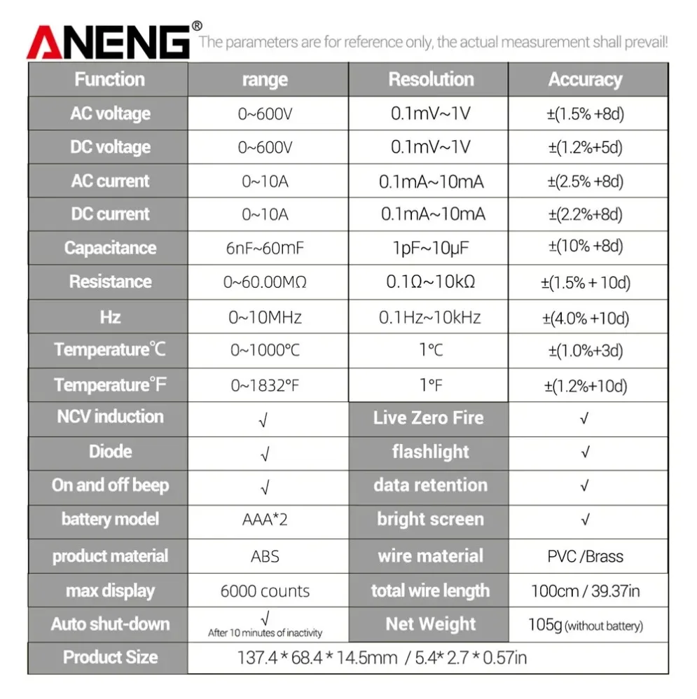 

ANENG Professional Multimeter Digital electric tester 6000 Counts 616 AC Voltage Current Meter Capacitance Resistance NCV Tools