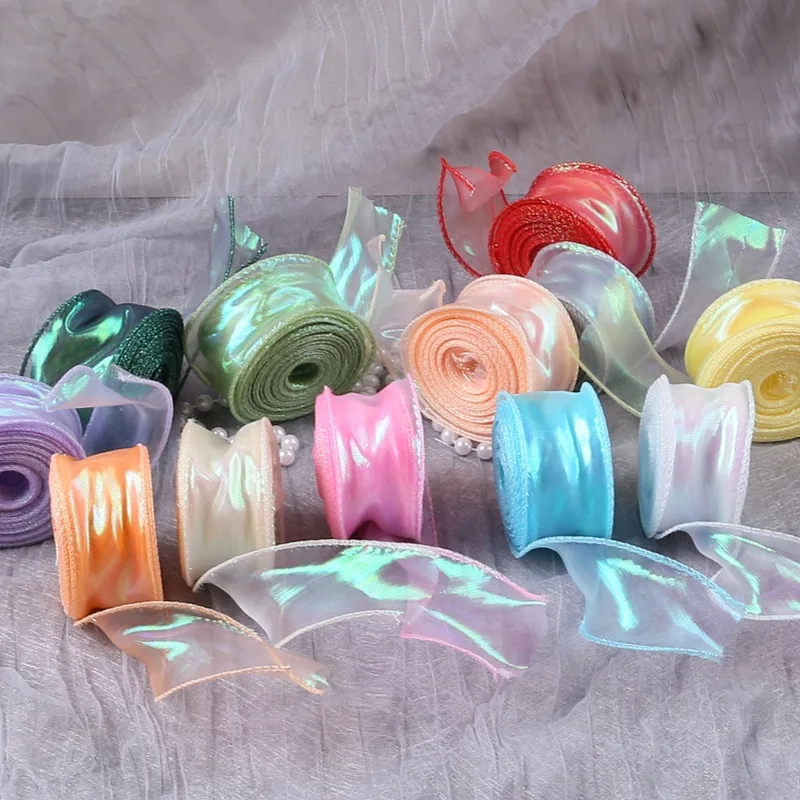 4CM Iridescent Fish‑Tail Tulle Ribbon, DIY Bow Satin Tape, Pearl‑Shiny Ribbon for Floral Art Gift Wrapping Decoration Supplies