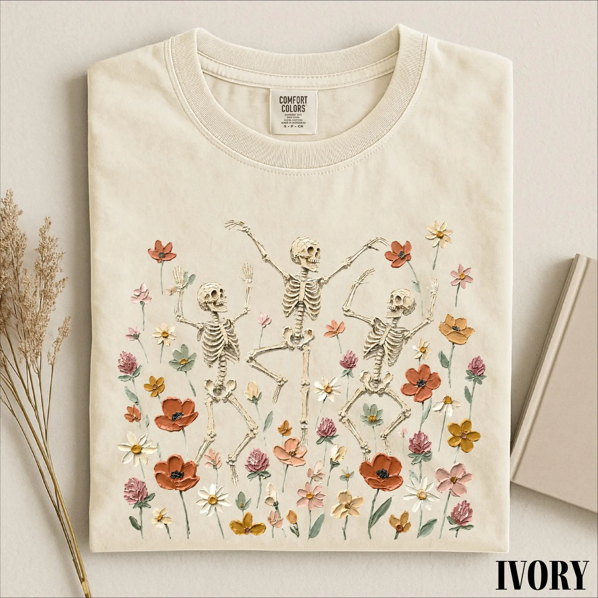 Skeleton Dancing Shirt, Arabesque Wildflower Shirt, Floral  Tee, Spooky Season Halloween T-Shirt Gift for Fall Lovers