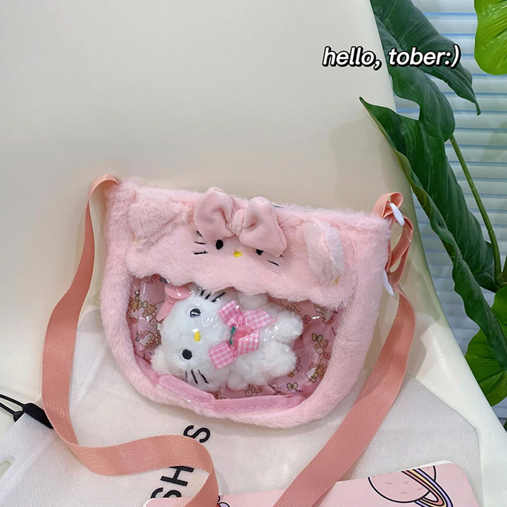 

Sanrio детская плюшевая сумка через плечо с рисунком Cinnamoroll Melody Kuromi Hello Kitty, прозрачная милая сумка через плечо с подвеской в виде куклы