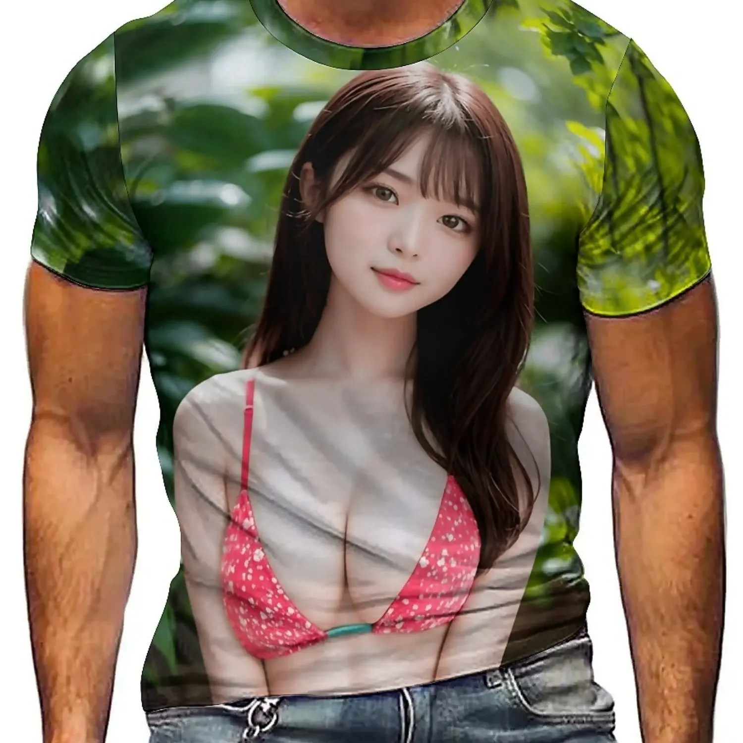 Camiseta masculina com estampa digital 3D – Design asiático sexy estilo rock, folha verde e padrão de biquíni vermelho, manga curta