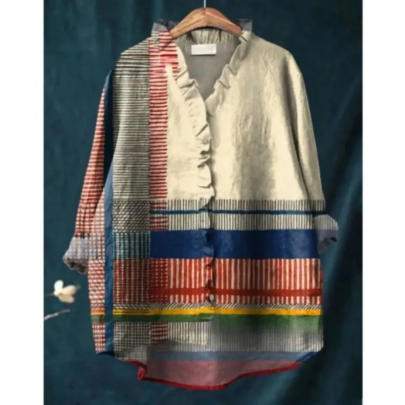 Ladies' printed long sleeved shirt with ruffled neckline, featuring a vintage artistic and Retro artistic and leisure style