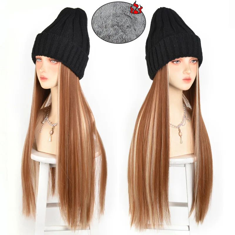 Hat Wig Fleece Lined Knit Beanie Ski Hat Long Straight Synthetic Hair Winter Warm Integrated Hat Wig For Women