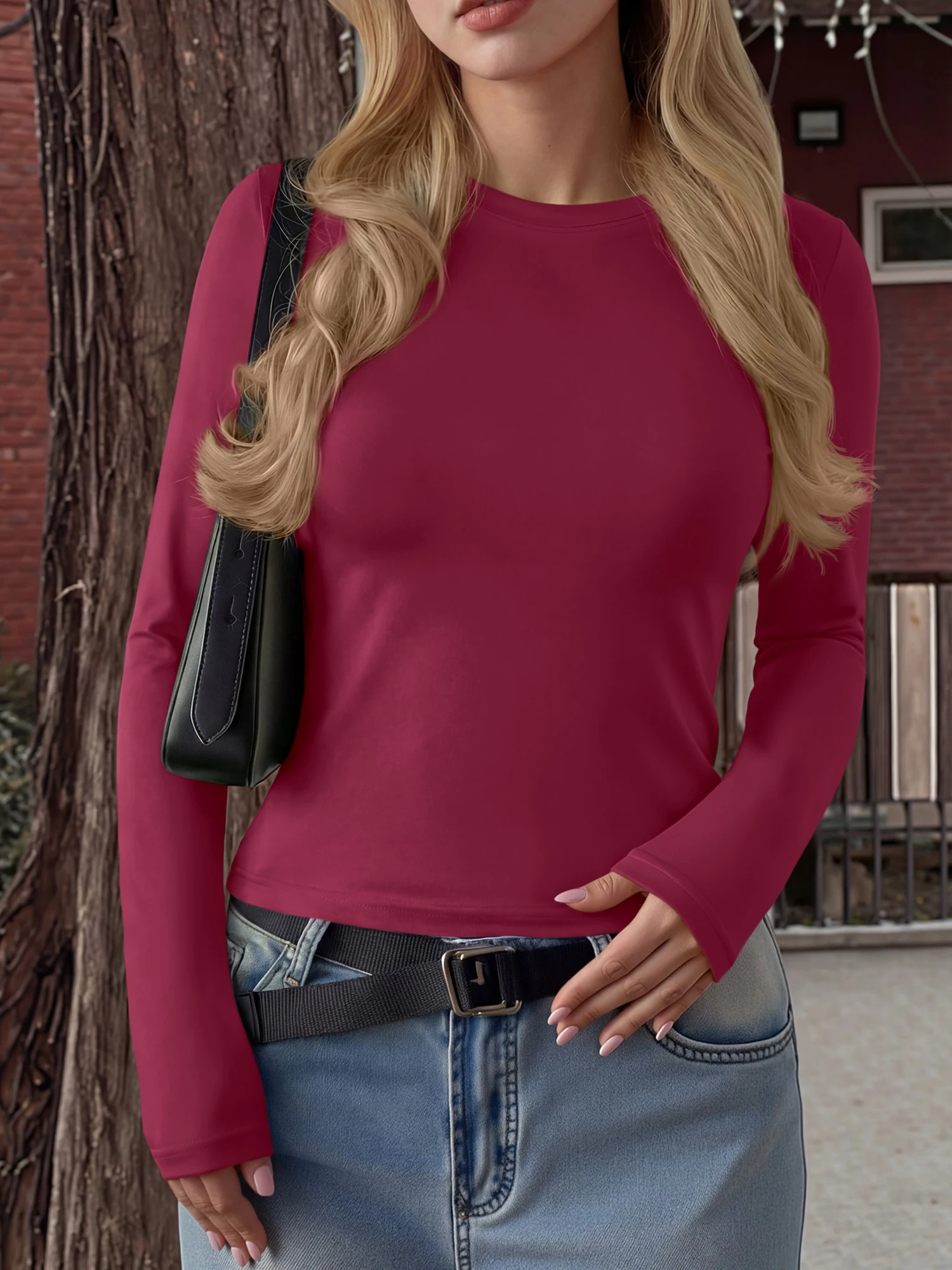 2026 Popular Crew Neck Cropped Long Sleeve T-shirt Solid Elastic Slim Bodycon Tee Spicy Girl Y2K Street Match Denim Skirts Tops
