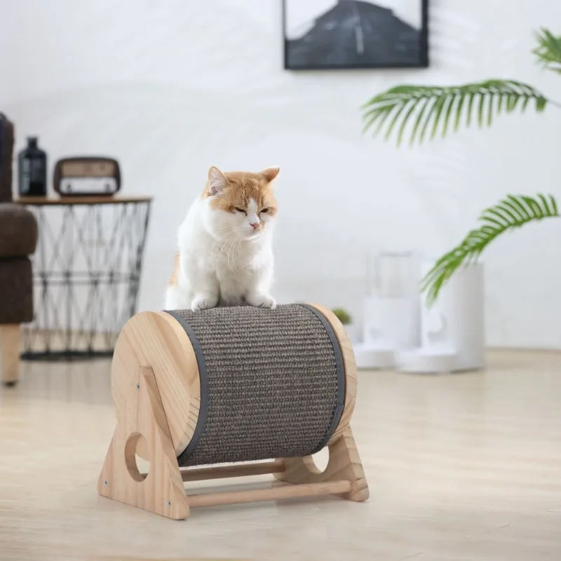 

Wooden Cat Scratching Post, 360-Degree Rotating Cat Scratcher Toy With Bells For Indoor Cats And Kittens, Natural