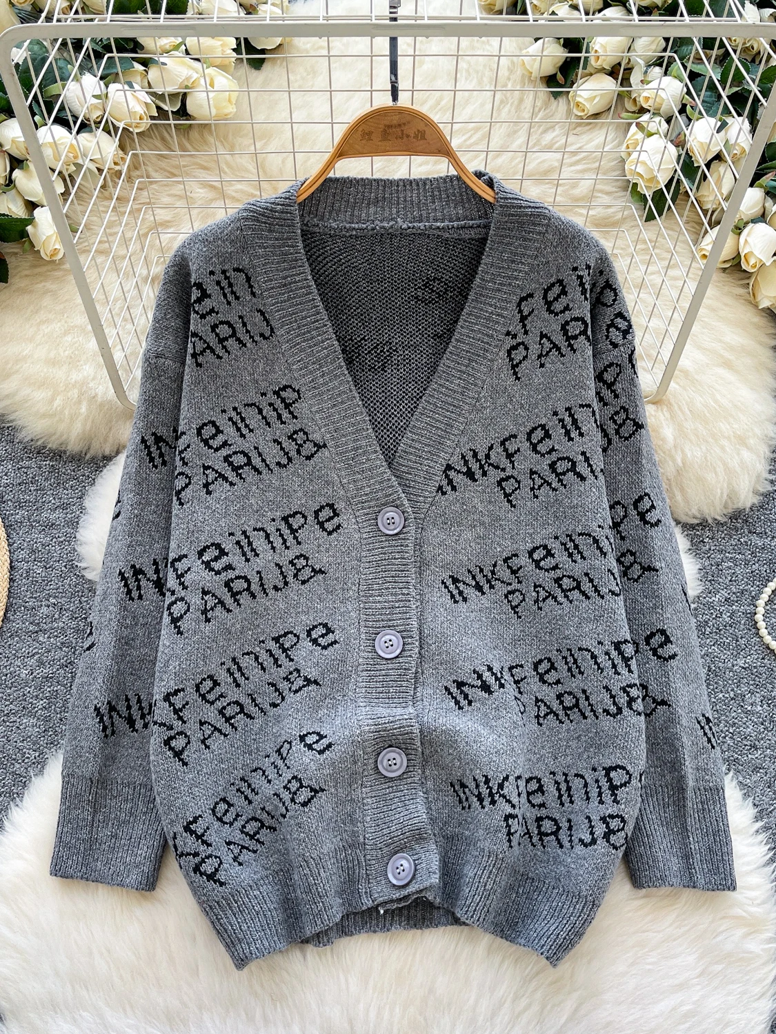 

Foamlina Fashion Letter Print Loose Cardigan Coat for Women V-Neck Long Sleeve Oversized Sweater Autumn Winter Casual Knitwear