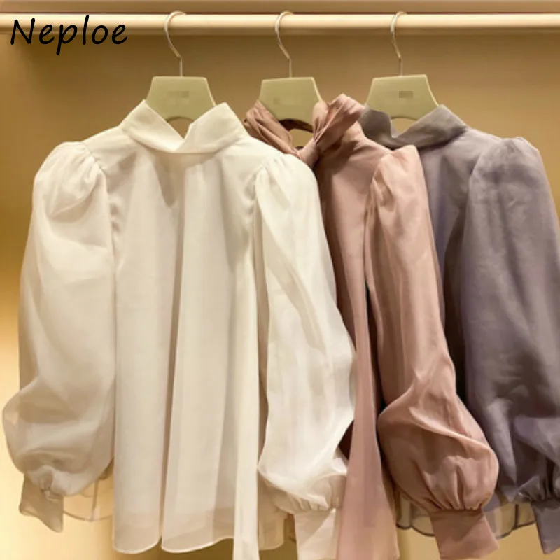 Neploe Sweet Stand Collar Puff Sleeve Chiffon Shirt Autumn Japan Style New All-match Women Blouse Chic Bow Drawstring Blusas