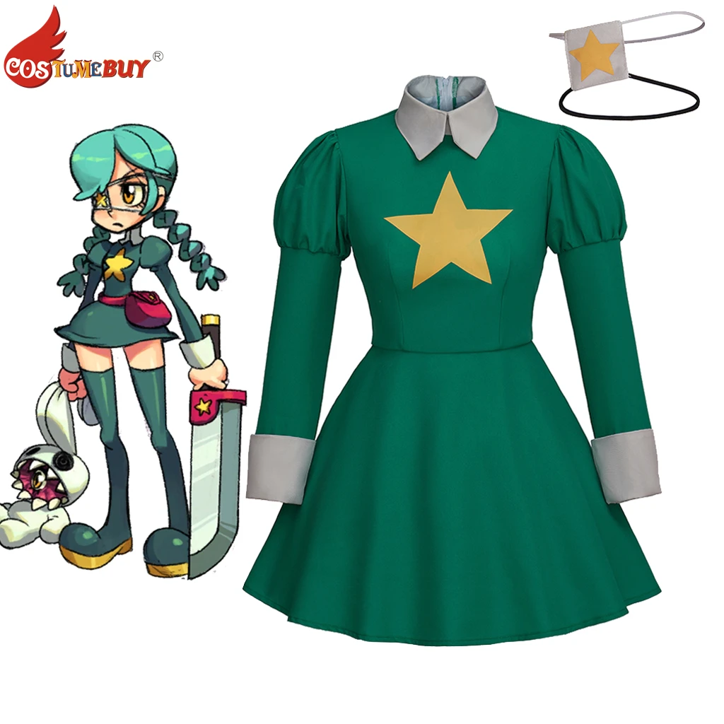 

Game/Anime Skullgirls Anime Cosplay Costume, Women's Short Dress Green Skirt with Eye-Patch Halloween Party Outfit