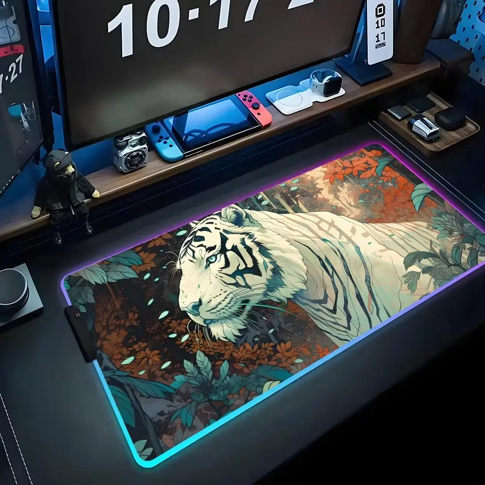 

White tiger Mouse Pad RGB Gaming Mousepad Big LED Pad PC Desk Mat Luminous Mouse Pad Large Keyboard Mats Table Rug With Backlit