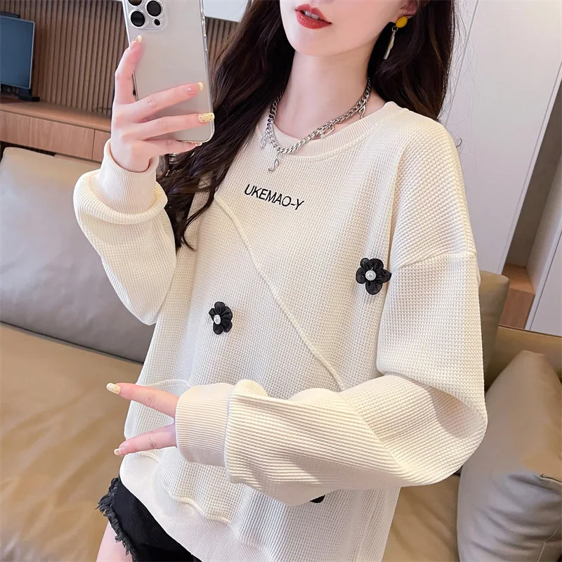 Solid color Waffle sweater women's early autumn 2024 new loose retro Joker round neck applique pullover long sleeve top