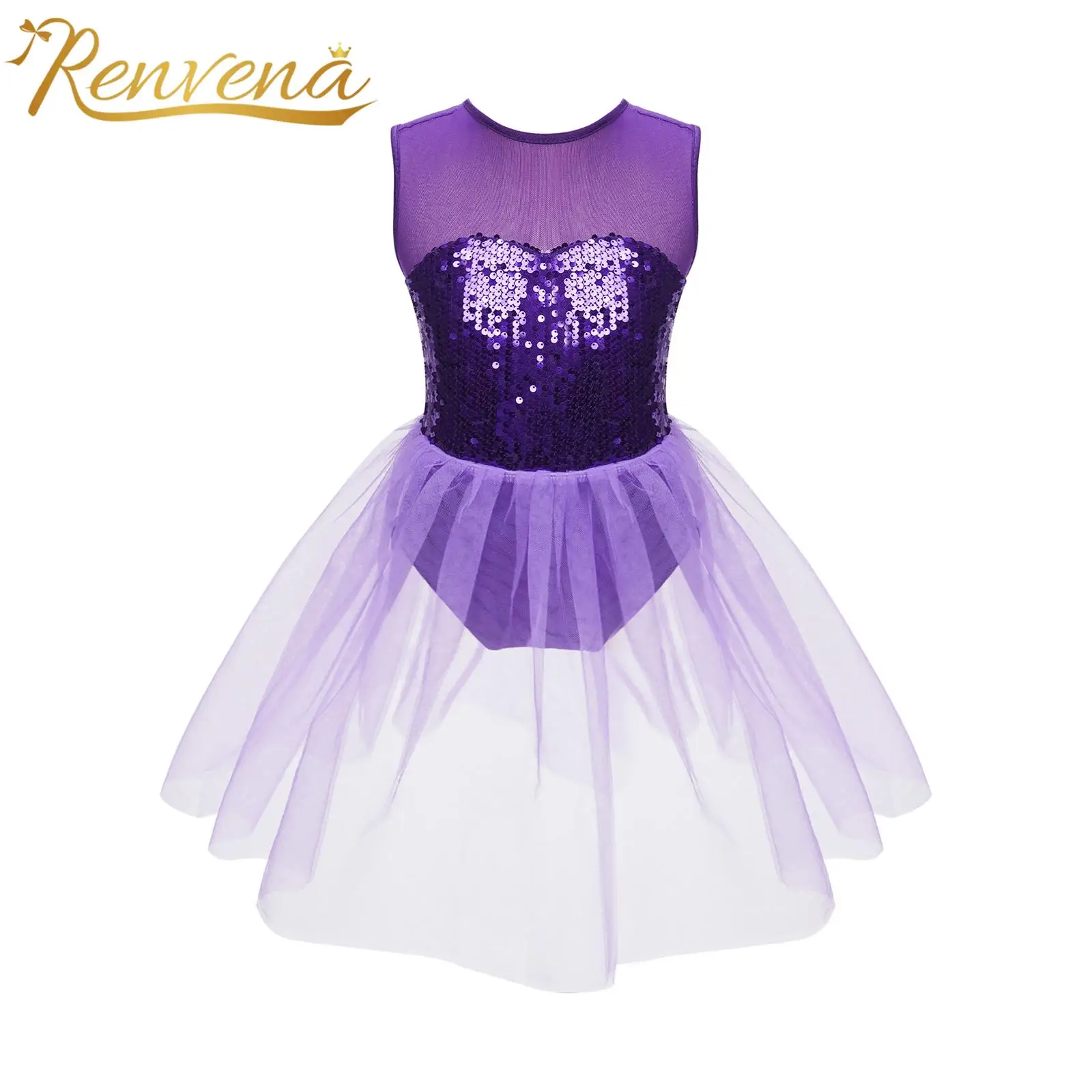 Kids Girls Ballet Dress Figure Ice Skating Costume Shiny Sequins Ballerina Tutu Mesh Dress Sleeveless Gymnastics Leotard dresses