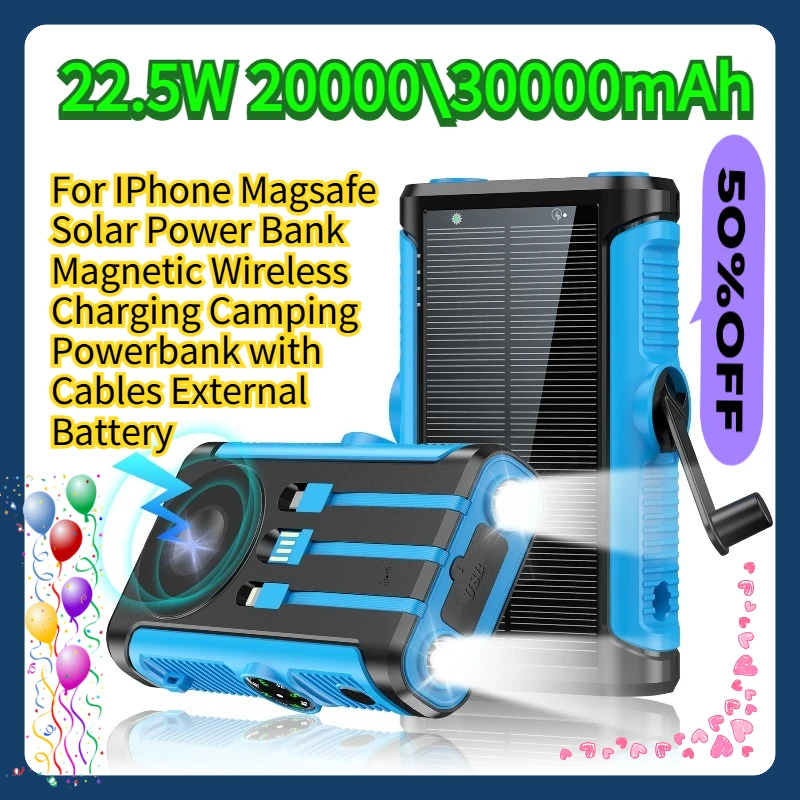 

For IPhone Magsafe Solar Power Bank 22.5W Magnetic Wireless Charging Camping Powerbank with Cables External Battery