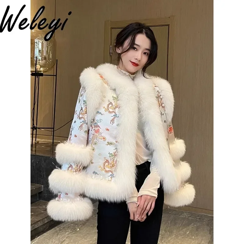 2024 Winter Chinese Style Imitation Fox Embroidery Short Faux Fur Coat Retro Women\'s Beaded Cotton Tang Clothes Fluffy Jacket