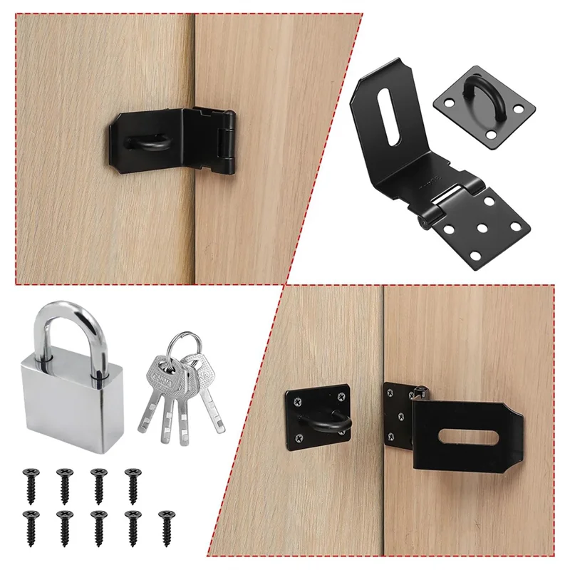 

ABGI-Padlock And Keys Set With 4 Inch 90 Degree Stainless Steel Padlock Hasps, Latch Lock And Door Latches