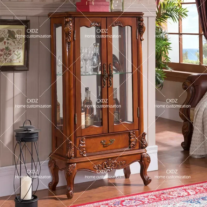 Solid Wood Double Door Wine Cabinet with Glass Display Storage Locker for Living Room Home Decor