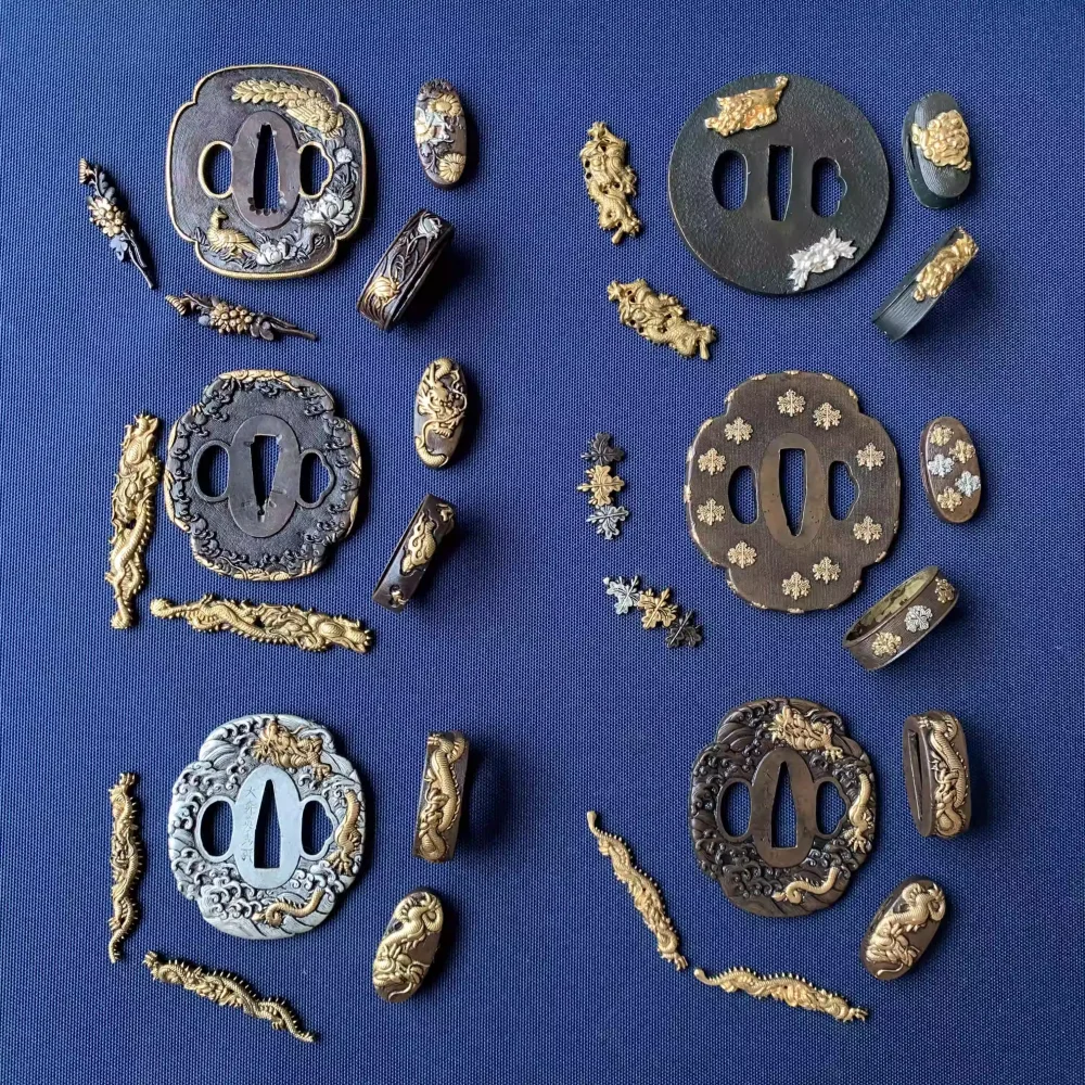 

Gilded Gold & Silver Tsuba, Kuchi, Kashira, Menuki, Complete Set of Brass Copper Katana Sword Accessories Tachi Wakizashi Sword