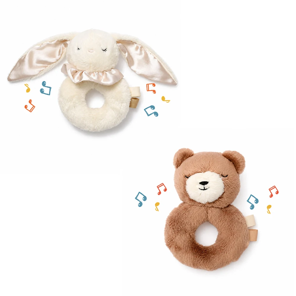 Soft Plush Bunny Rattle Ring Toy Baby 0-12M Silky Ears Bow Tie Fine Motor Skills in the Hands Newborn Sensory Shaker Gifts