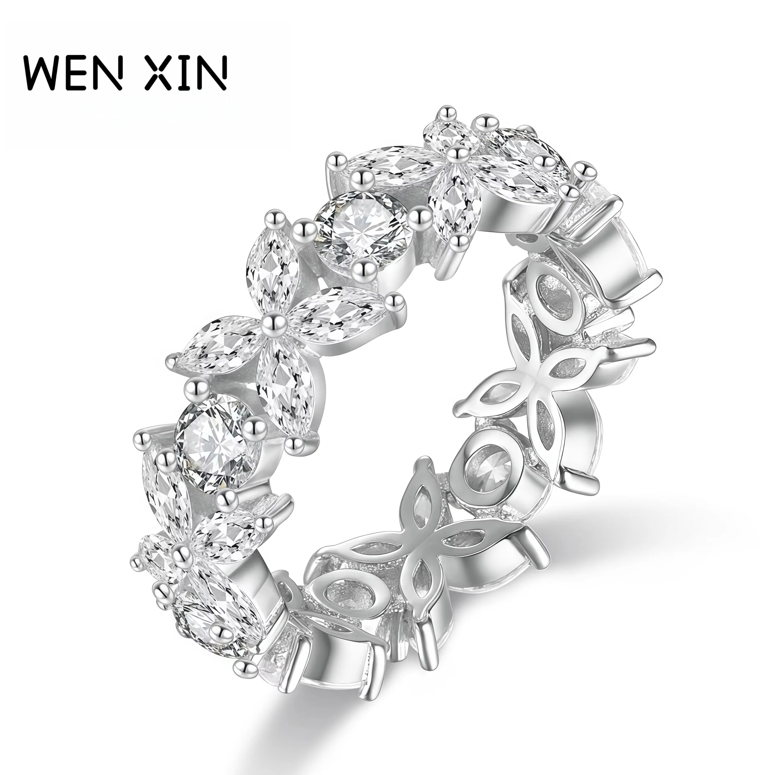 WENXIN العلامة التجارية المبيعات الساخنة شهادة النجوم أربع أوراق البرسيم الدائري السيدات زهرة خاتم عالية الكربون خاتم الماس
